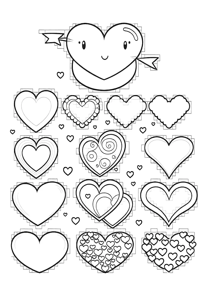 Varied heart designs on colored background coloring page