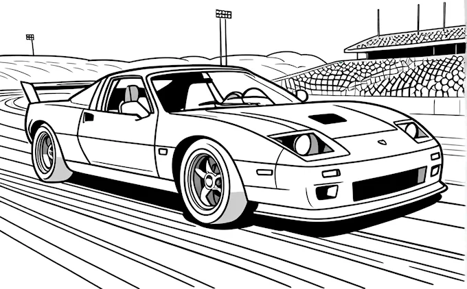 Car driving on track with stadium, line art, comic book panel, lowbrow