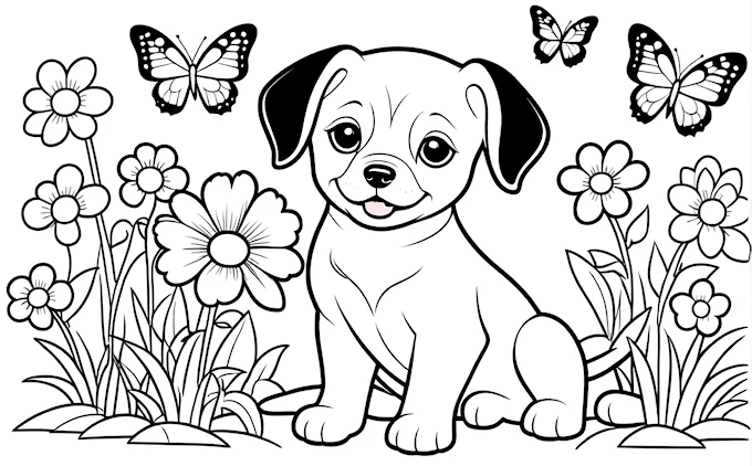 Puppy in grass with flying butterflies and flowers