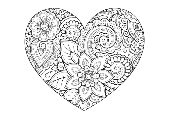 Intricately designed heart with floral decorations coloring page