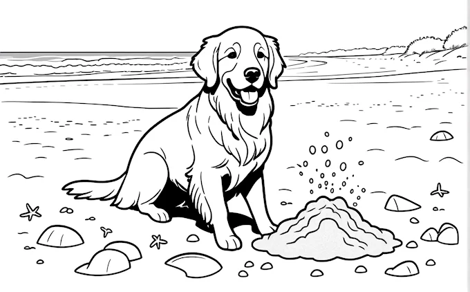 Dog sitting on beach with rocks and sand