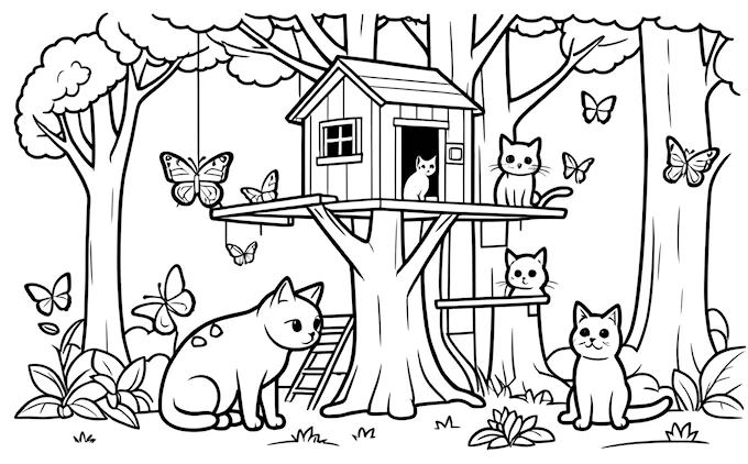 Tree house in forest with cats, butterflies, and bench