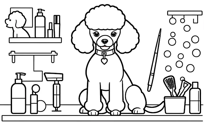 Poodle on bathroom counter with grooming tools