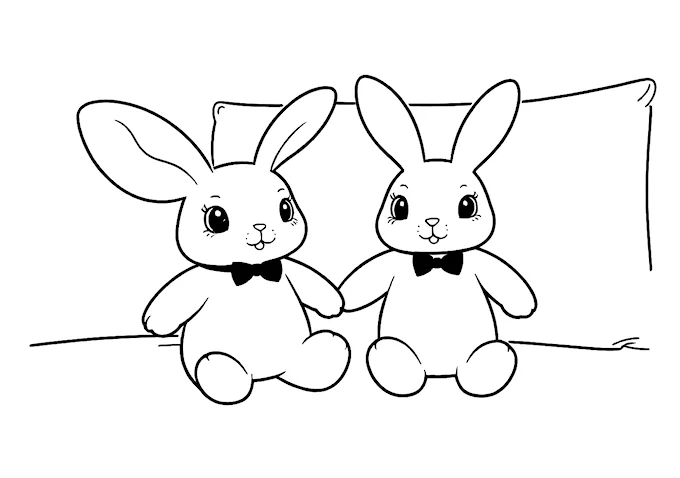 Stuffed Bunny Rabbits on Bed with Bow Ties