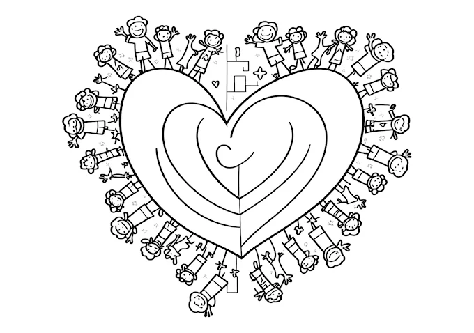 Heart-shaped collage with cartoon characters coloring page