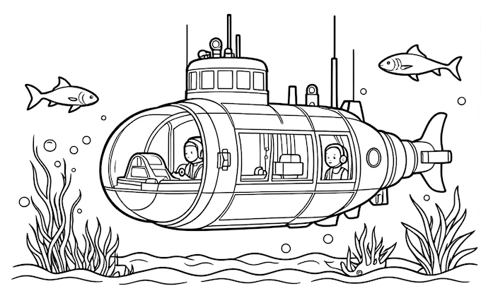 Submarine with man and fish in water, line art coloring page