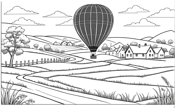 Hot air balloon over rural landscape and skyline