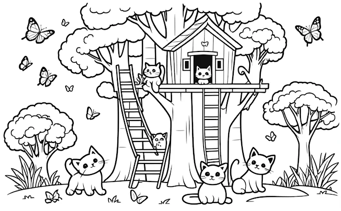 Tree house with cats and ladder in the woods, butterflies flying overhead, storybook furry art