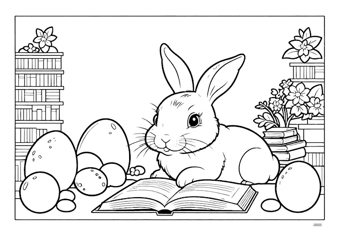 Cute bunny with open book and eggs coloring page