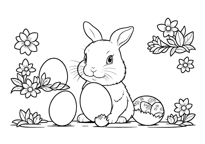 Bunny Rabbit with Egg and Chicks Coloring Page