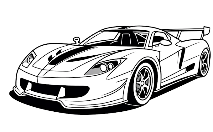 Sports car with hood up, flat tire, black and white