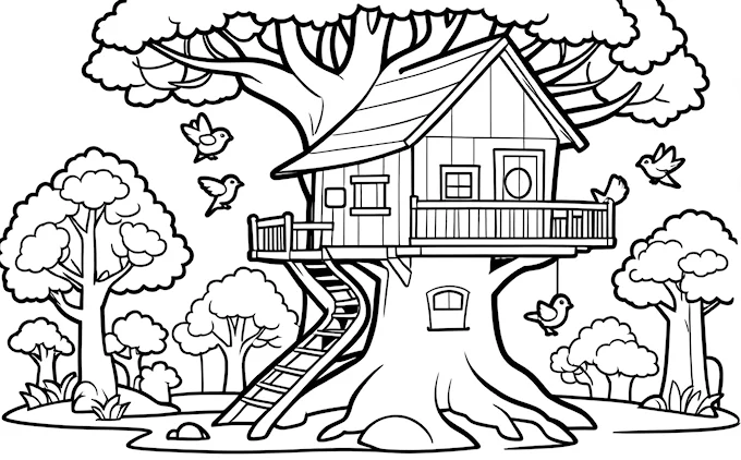 Tree house in forest with flying bird and birdhouse, storybook coloring page