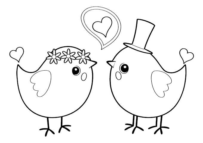 Romantic Birds with Hearts Coloring Page