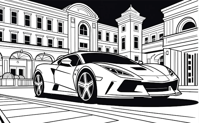 Sports car at night, building and full moon, comic book style