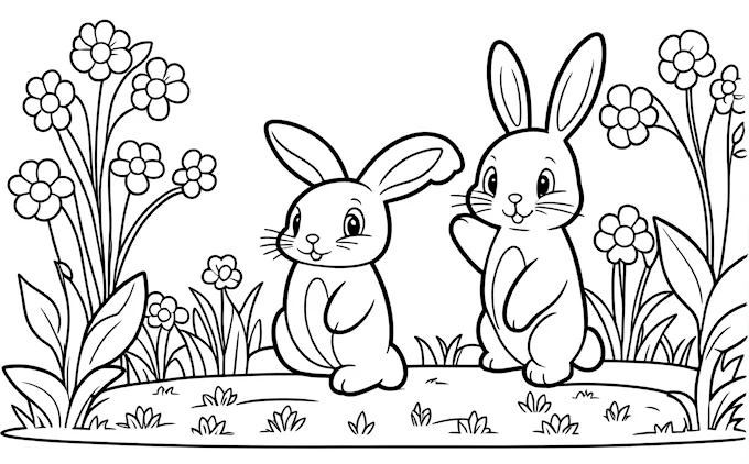 Two rabbits in grass with flowers