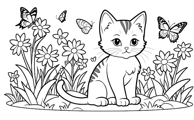 Cat sitting in grass, butterflies above, black and white and color versions, coloring page