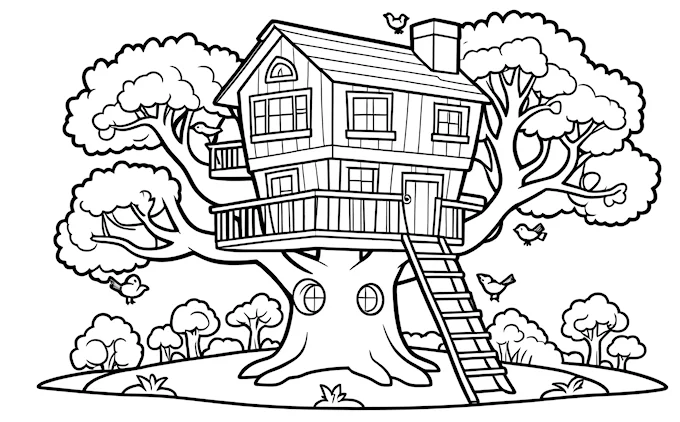 Tree house in field with ladders