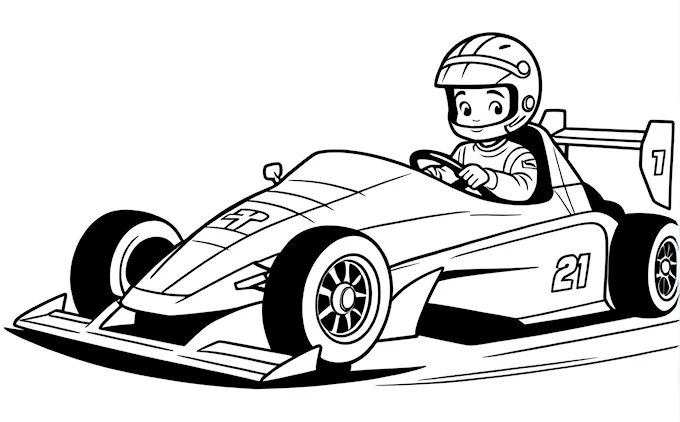 Cartoon race car with driver, helmet on top, black and white