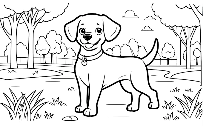 Dog in grass with trees and sky, coloring page