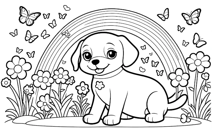 Puppy in grass with butterflies, flowers and rainbow