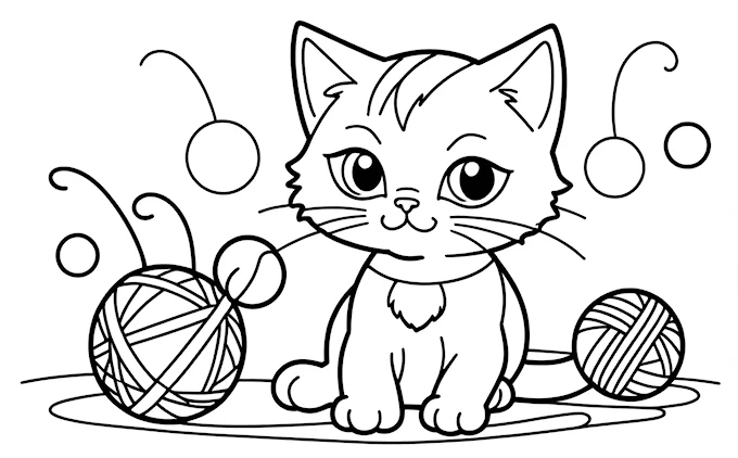 Cat with ball of yarn outlined in black and white