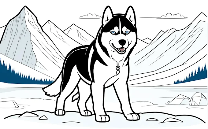 Cartoon dog standing in snow with mountains and tent, coloring page