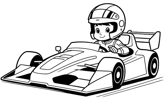 Cartoon race car, driver and helmet, black and white