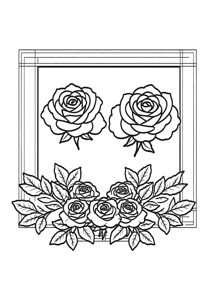 Three arranged roses with shaded backgrounds coloring page