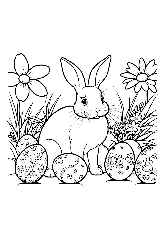 Easter bunny on eggs with decorated flowers