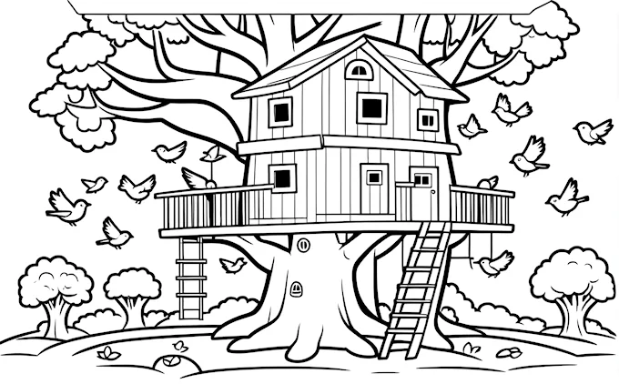 Tree house with ladder and flying birds, line art storybook coloring page