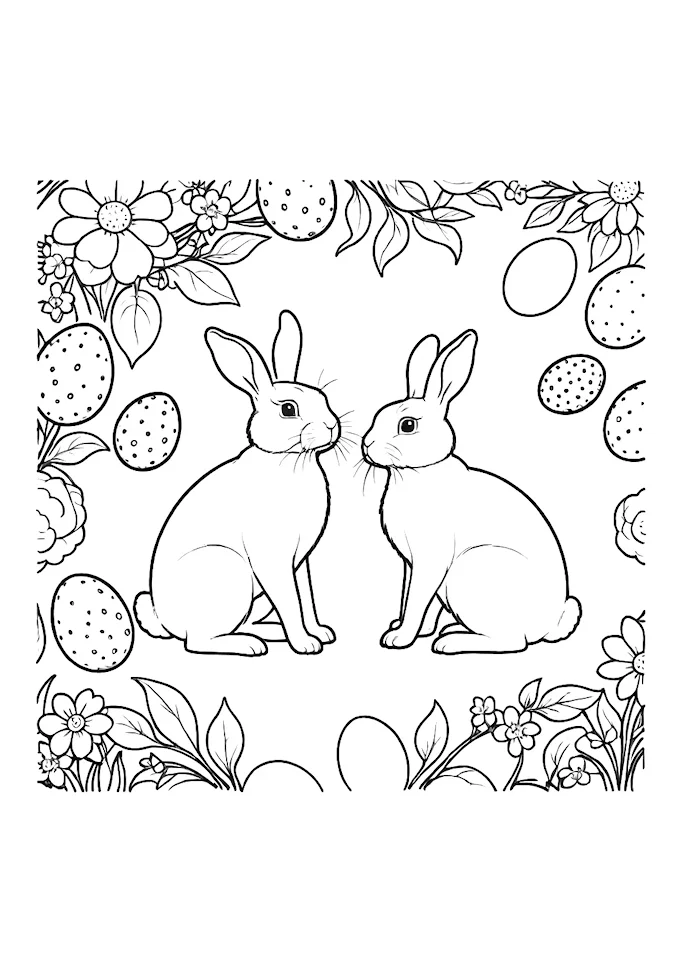 Two Bunnies Surrounded by Flowers and Easter Eggs Coloring Page