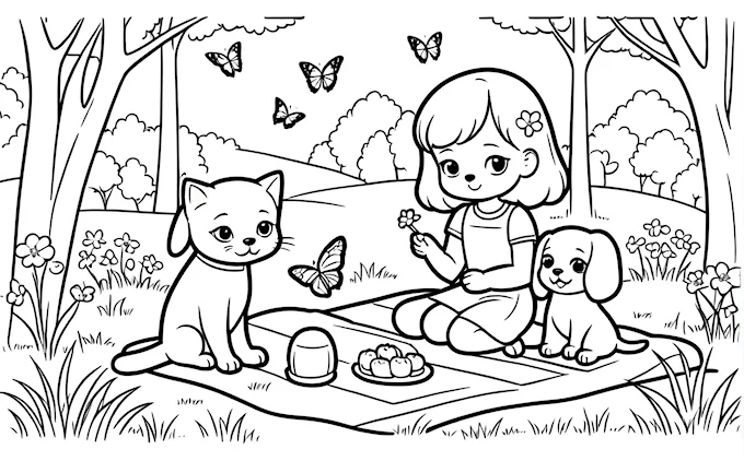 Girl playing with two dogs and picnic blanket in woods