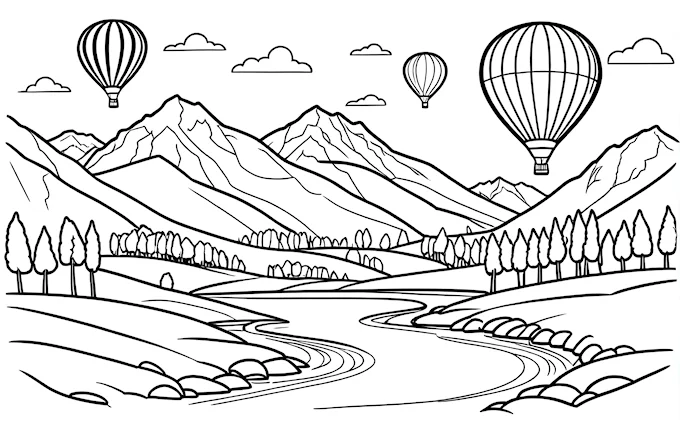 Mountain landscape with hot air balloons and stream