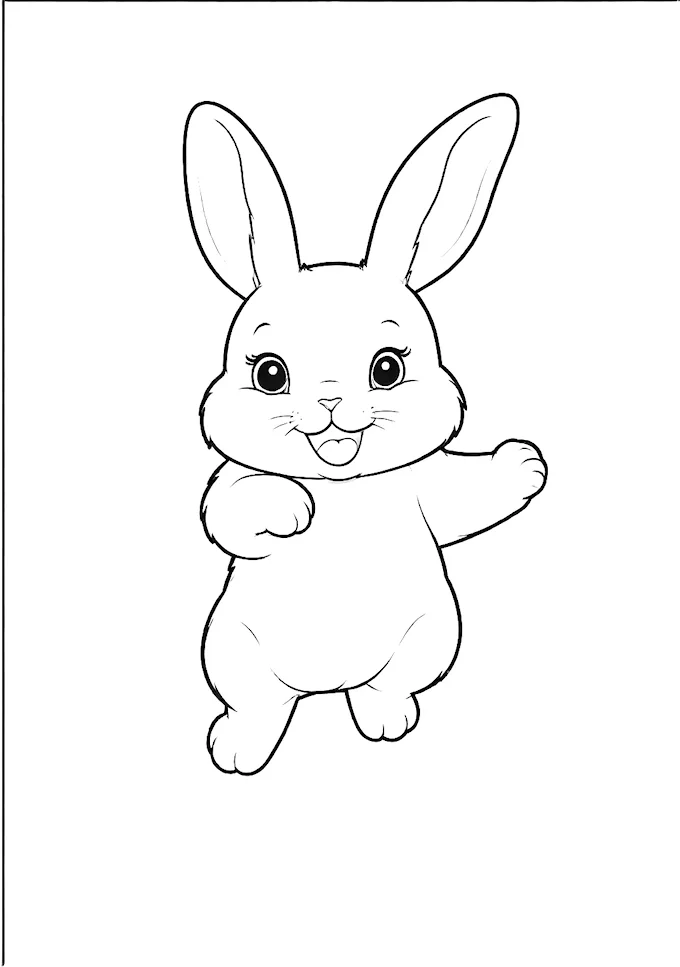 Smiling White Rabbit with Floppy Ears Against Black Background Coloring Page