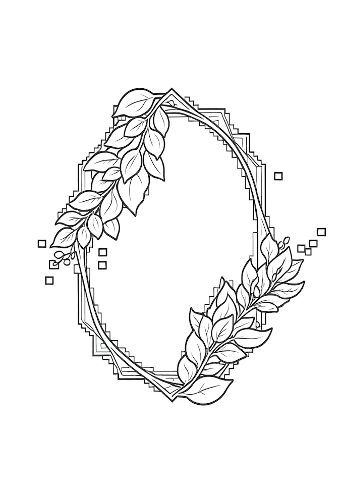 Ornate design with leaves and geometric patterns coloring page