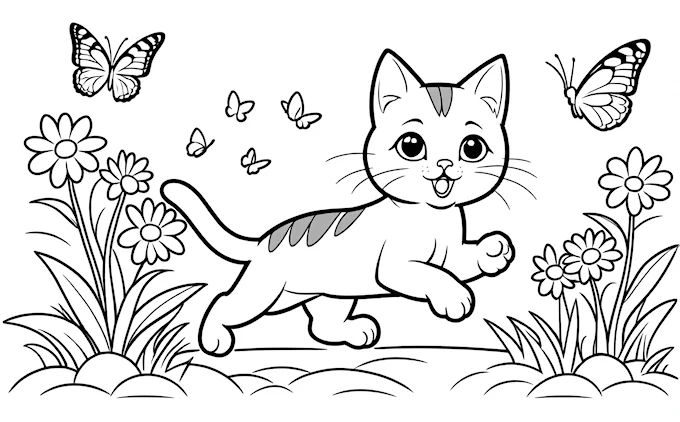 Cat running in field with butterflies