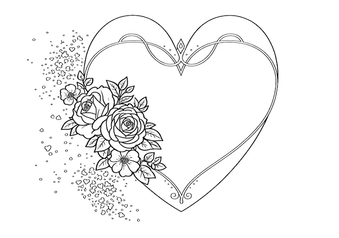 Detailed heart with roses coloring page