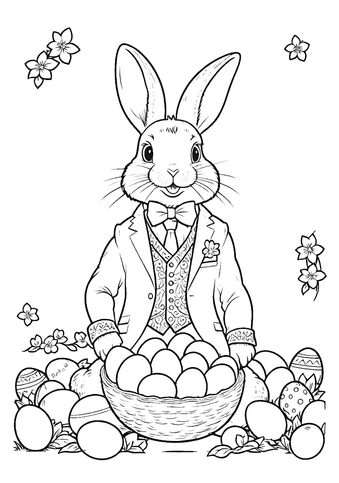 Rabbit in formal wear among decorated Easter eggs