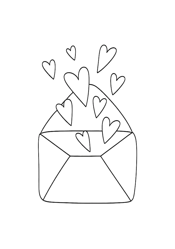 Envelope with falling hearts mail delivery theme coloring page