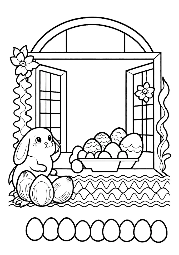Rabbit Gazing Out Open Window with Easter Eggs Coloring Page