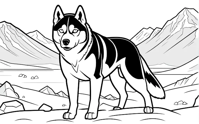 Cartoon dog standing in mountains, children&#039;s coloring page
