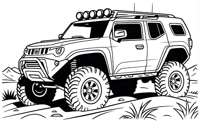 Jeep on hillside with worn-off tire well, process art drawing