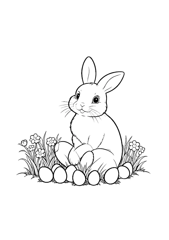 Bunny with floral patterned eggs in grass drawing