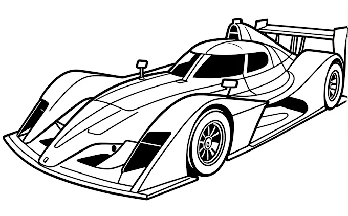 Race car with front wheel, black and white coloring page