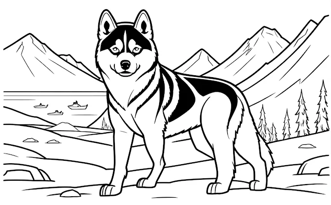 Husky dog standing in mountains with trees, adult and children&#039;s coloring page