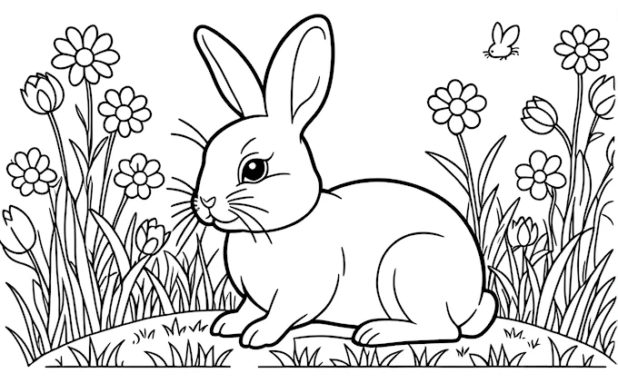 Rabbit in grass with flowers and flying butterfly, coloring page
