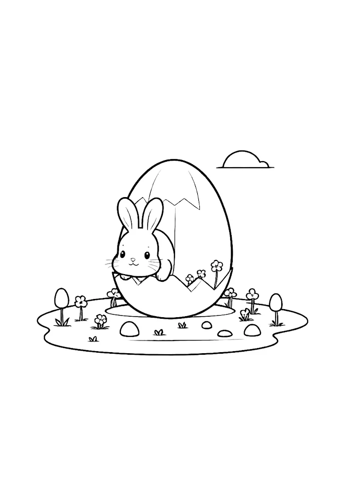 Bunny in egg amidst whimsical setting