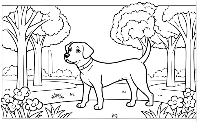 Dog standing in park with trees and flowers, coloring page