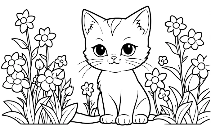 Cat sitting in grass with flower border, black and white outline, furry art
