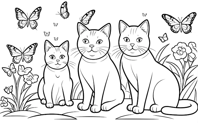 Three cats in grass with butterflies, lineart, furry art